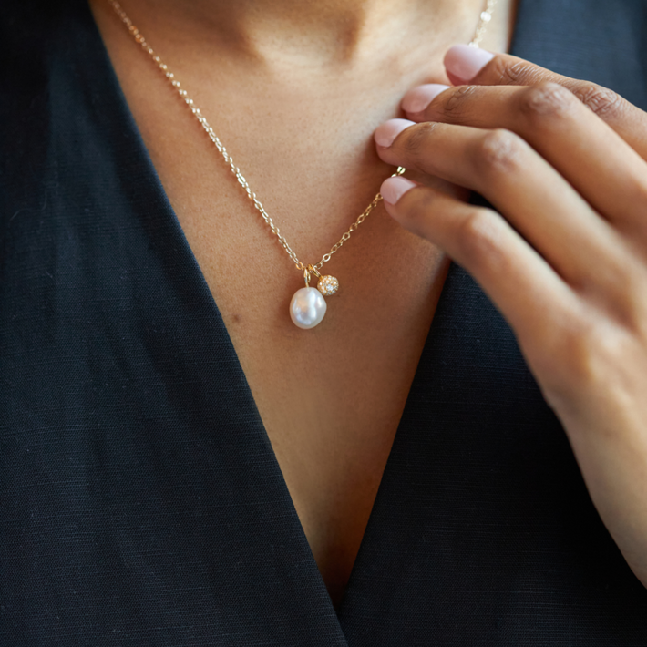 Freshwater pearl & lab-created diamond bon bon pendant