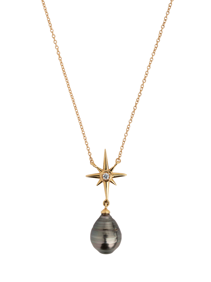 14k gold north star pendant with tahitian pearl