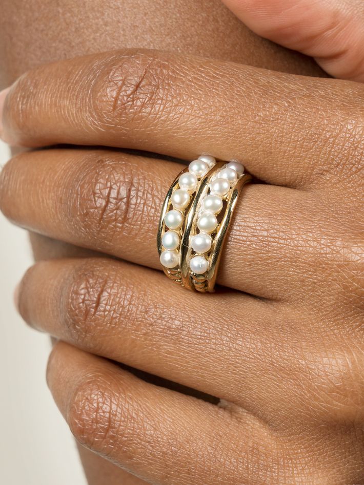 9K gold & pearl waterfall ring