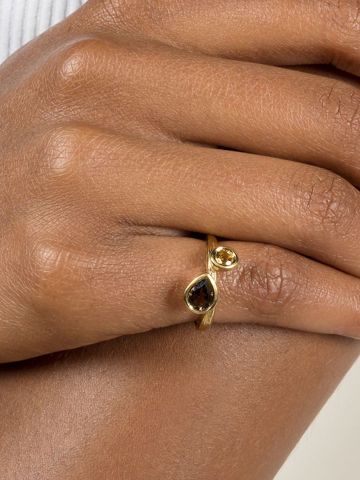 18K Wandering smokey quartz and citrine ring