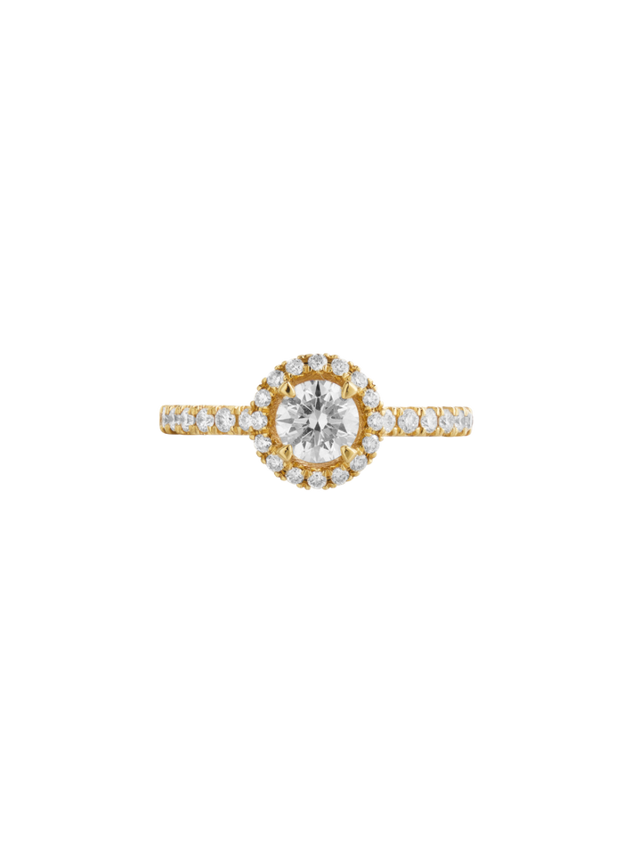Tiny clash halo engagement ring, ~1,00 ct total, yellow