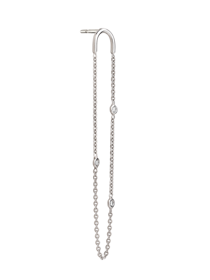 Norah long single earring in 18k white gold with 3 white diamonds