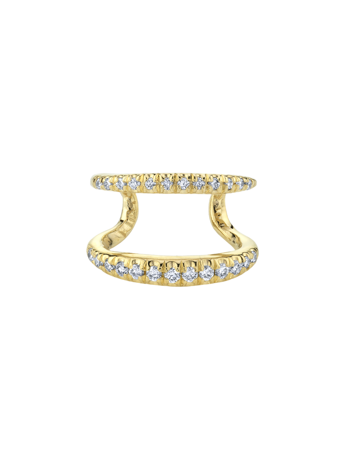 Twin tusk ear cuff with double line pavé white diamonds 14 yellow gold