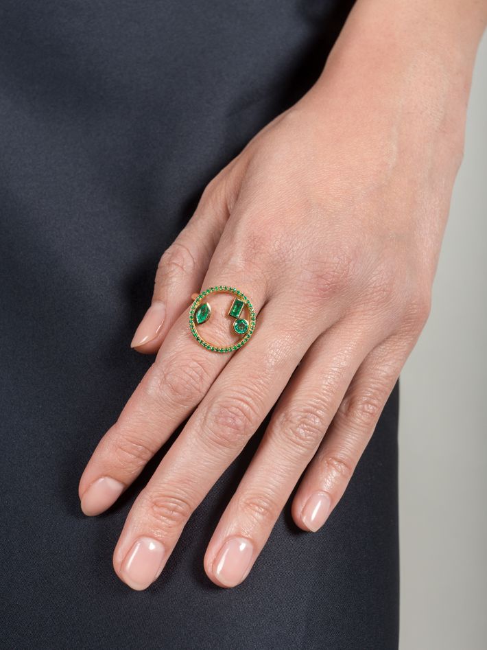 Project 2020 ring with emeralds