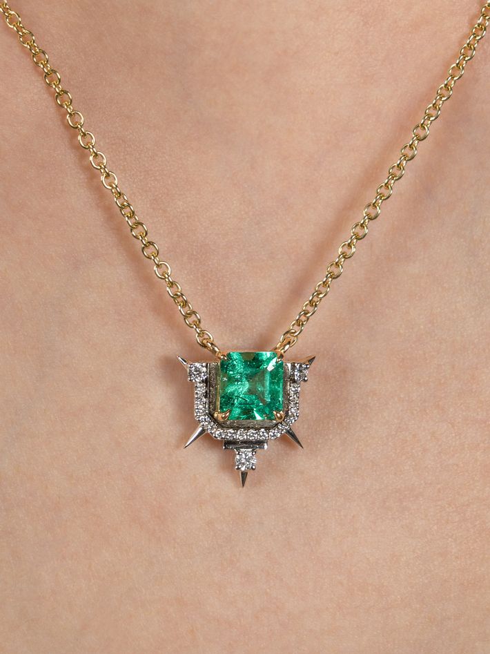 18ct gold muzo emerald & diamond spike pendant necklace