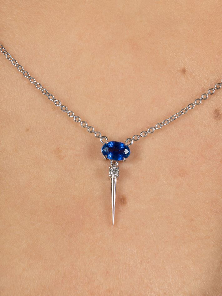 14ct white gold blue sapphire and diamond drop necklace
