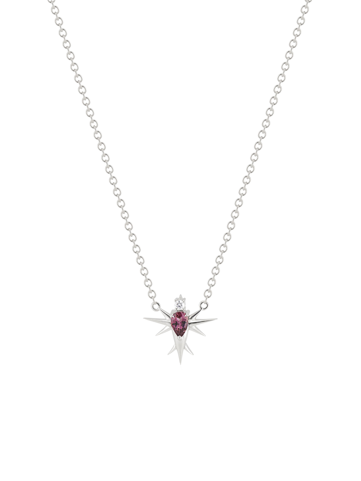 14ct white gold - pink tourmaline and diamond bird necklace