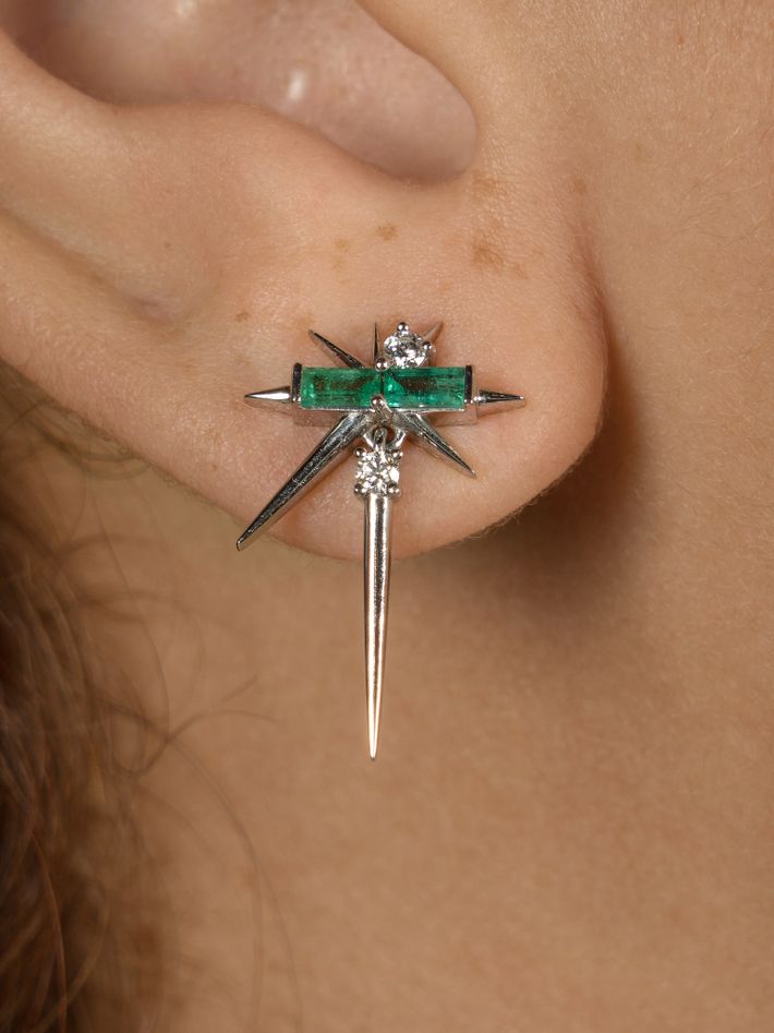 Emerald baguette & diamond drop earrings - spike earrings