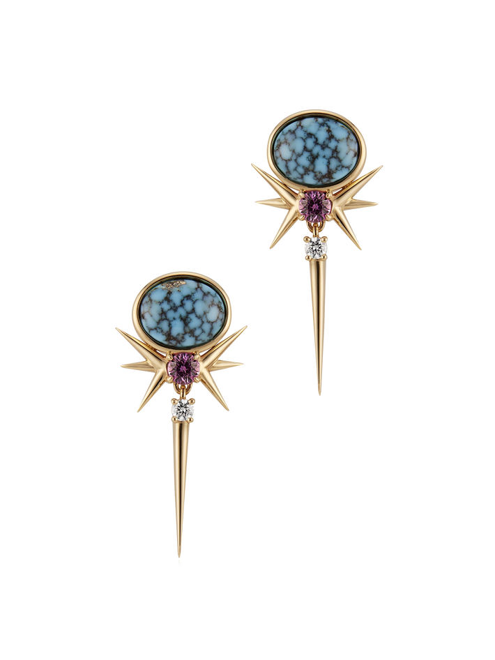 14ct yellow gold turquoise - sapphire & diamond drop earrings