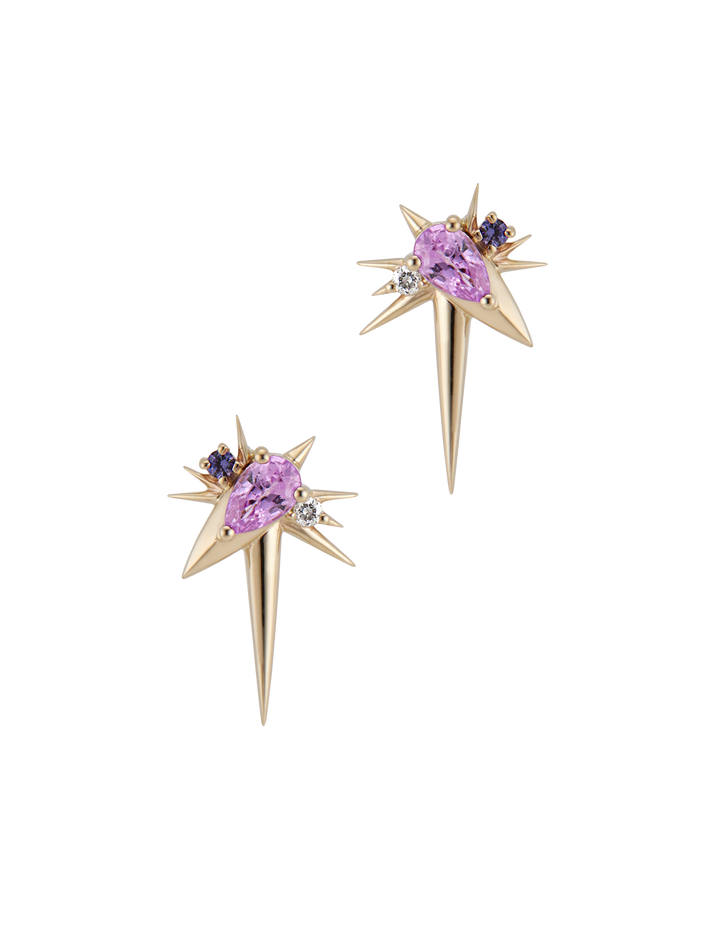 Yellow gold - pink sapphire and diamond drop earrings - spike earrings