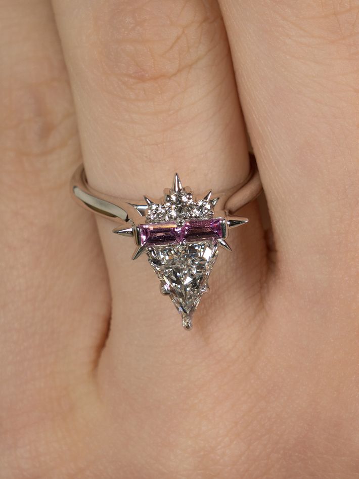  18ct kite shape diamond & pink sapphire alternative engagement ring