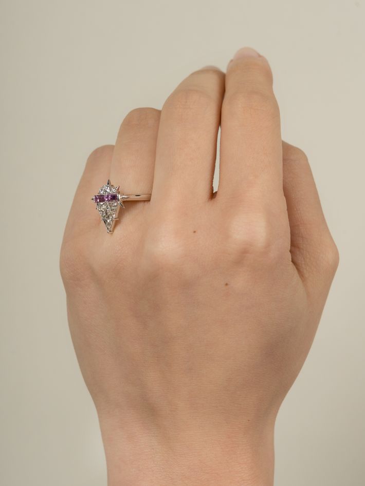  18ct kite shape diamond & pink sapphire alternative engagement ring