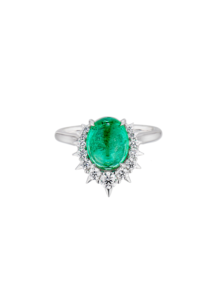 Oval muzo emerald cabochon & diamond alternative engagement ring
