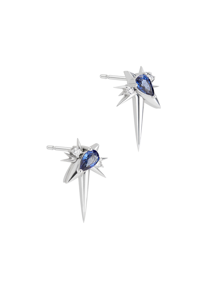 White gold - blue sapphire & diamond drop earrings - spike earrings