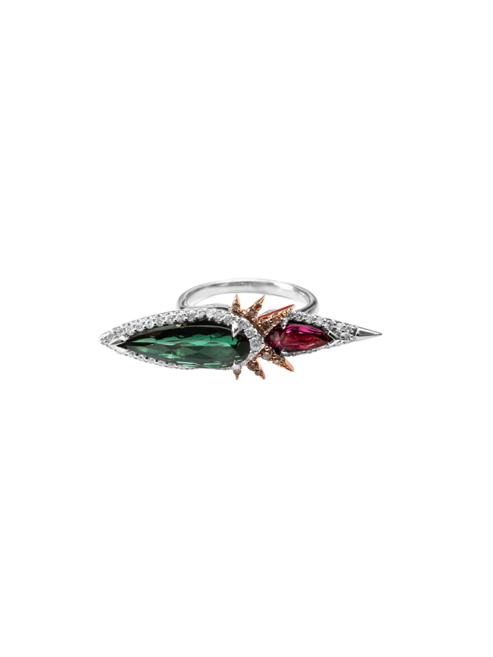 18ct white - rose gold, pink - green tourmaline diamond - cognac diamond ring with filigree pattern work, and heart detail