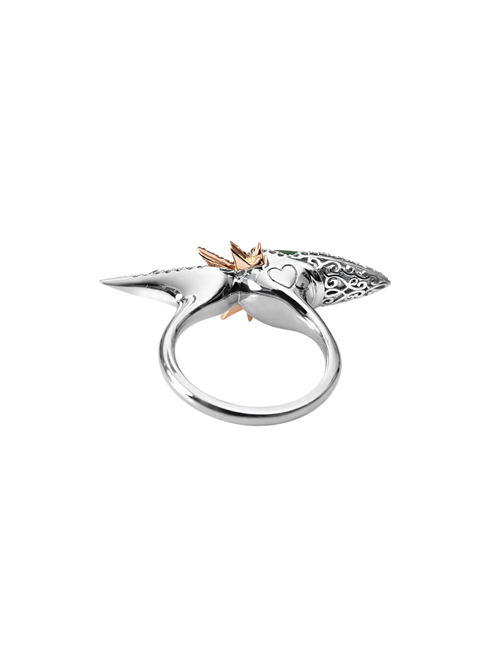 18ct white - rose gold, pink - green tourmaline diamond - cognac diamond ring with filigree pattern work, and heart detail