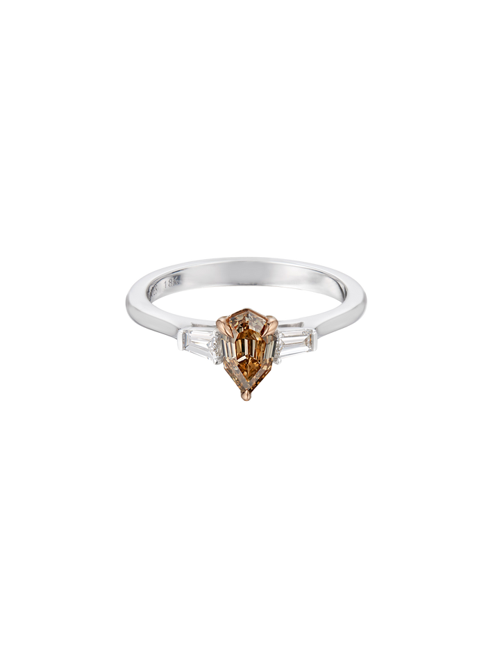 Alternative modified pear fancy champagne & white diamond engagement ring in 18k white & rose gold