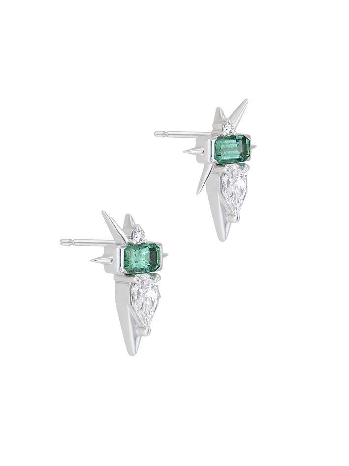  14k white gold emerald & diamond spike earrings 