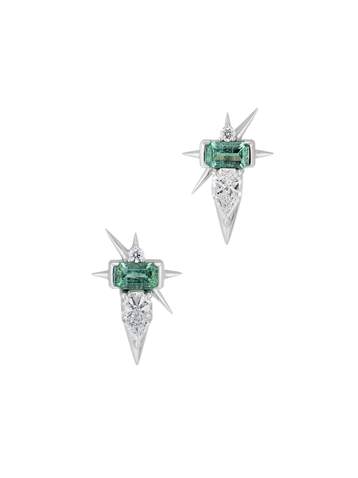  14k white gold emerald & diamond spike earrings  photo