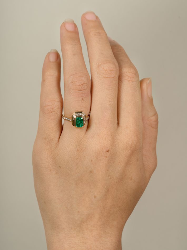 18ct yellow gold emerald cut muzo emerald & diamond engagement ring