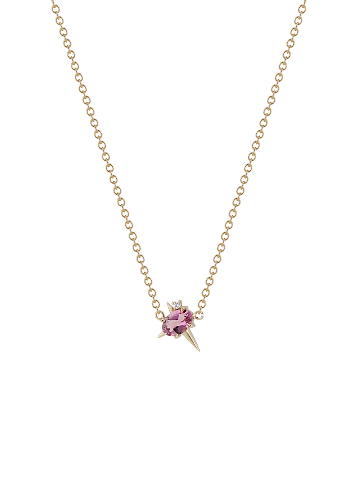 14ct yellow gold - pink tourmaline and diamond spike necklace