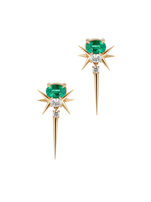 18ct yellow gold muzo emerald & diamond spike drop earrings  photo