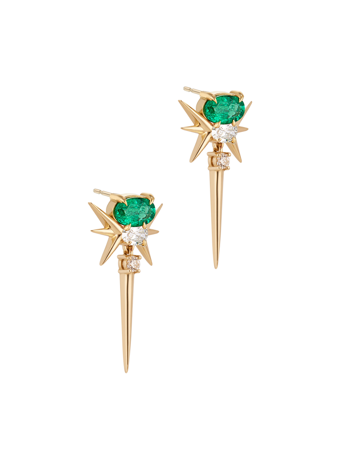 18ct yellow gold muzo emerald & diamond spike drop earrings 