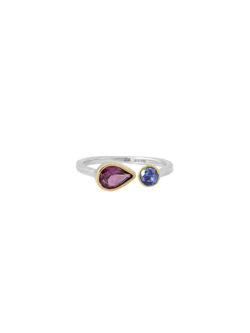 Exclamation ring set with tanzanite and rhodolite garnet photo