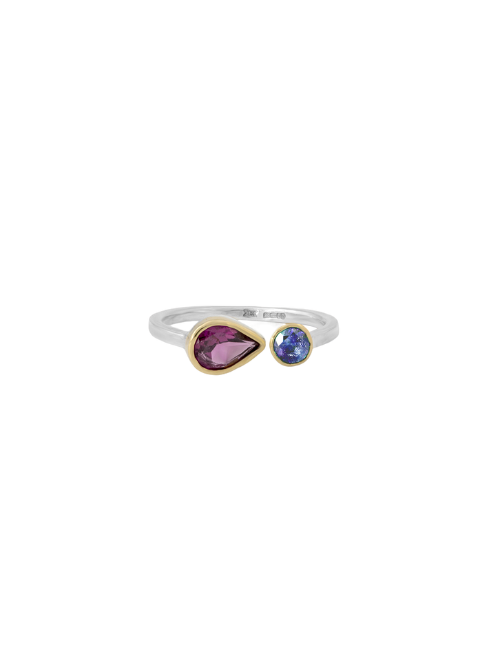 Exclamation ring set with tanzanite and rhodolite garnet
