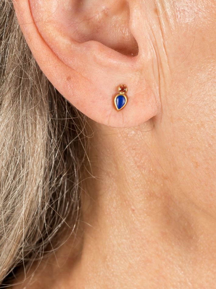 Orange sapphire and lapis mina pear studs