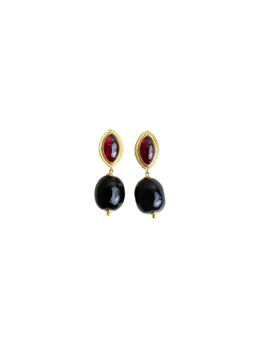 Double Seed Earrings in Garnet, Black Onyx, Diamond, and 22kt Gold photo