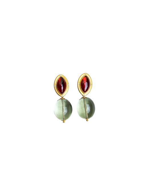 Convertible Double Seed Earrings in Garnet, Green Amethyst, Diamond, and 22kt Gold photo