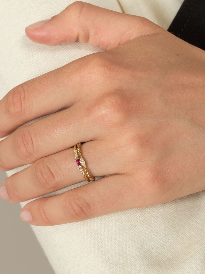 Baguette ruby petite equilibrium ring