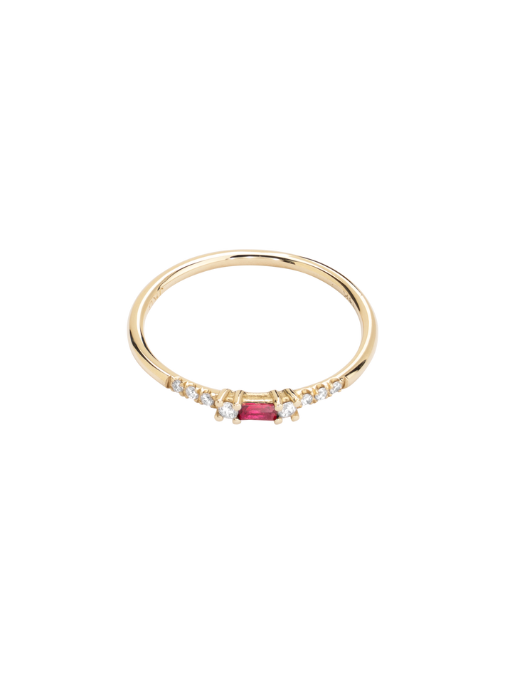 Baguette ruby petite equilibrium ring