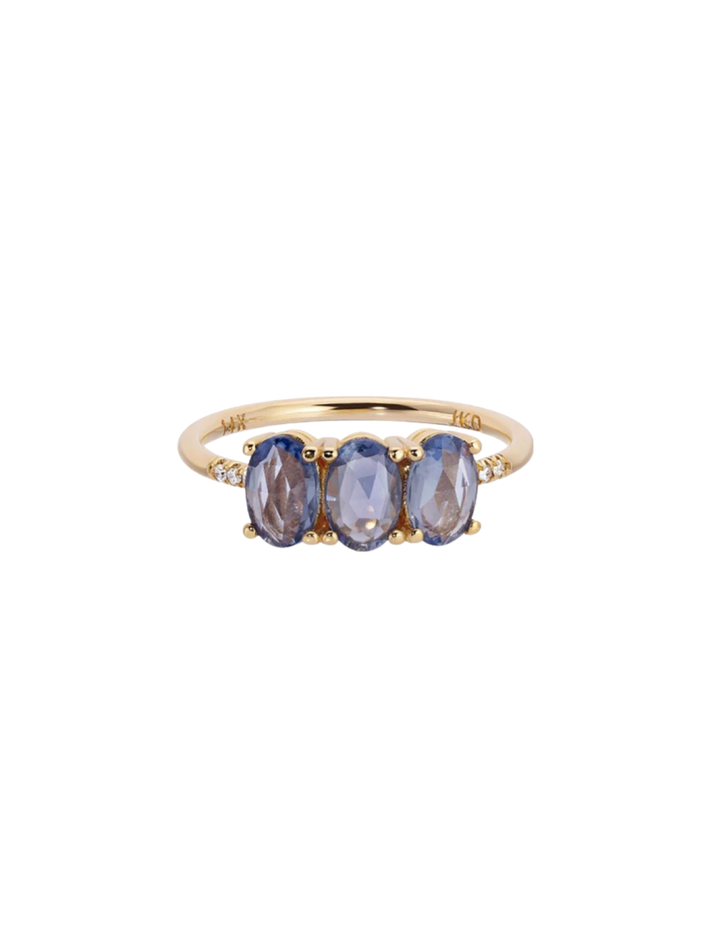 Blue sapphire olive equilibrium ring
