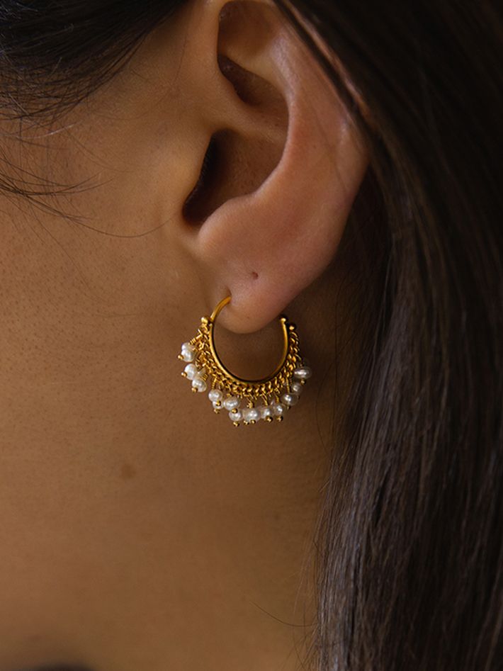 Pearl drop hoop earrings in gold vermeil