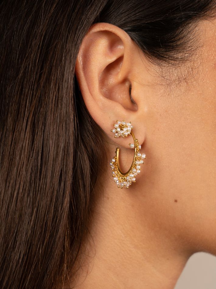 Large pearl drop hoop earrings in gold vermeil