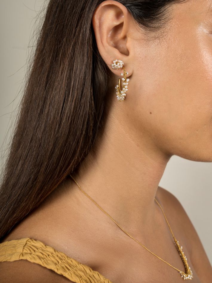 Large pearl drop hoop earrings in gold vermeil