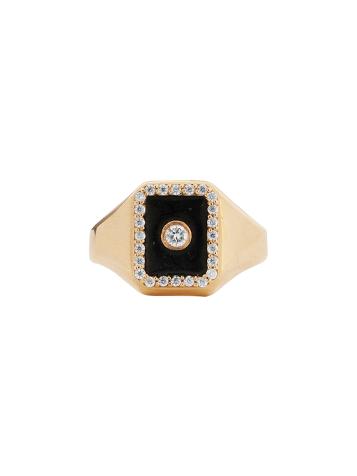 14k gold and black enamel and diamond square signet ring photo