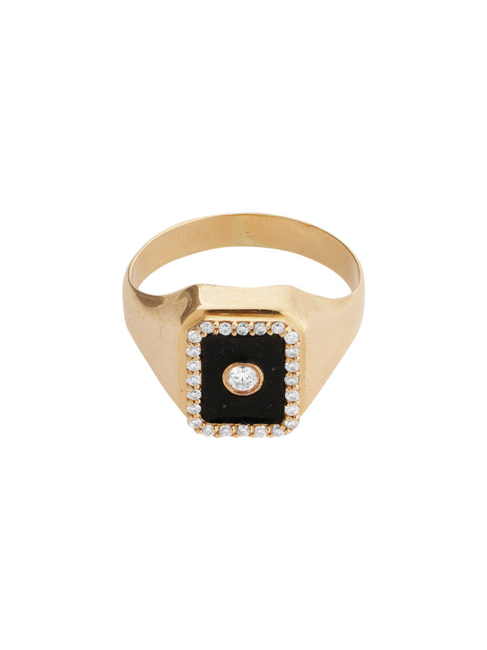 14k gold and black enamel and diamond square signet ring