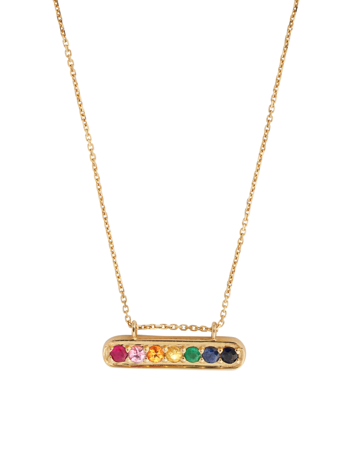 14k yellow gold and sapphire bar pendant necklace 17" length