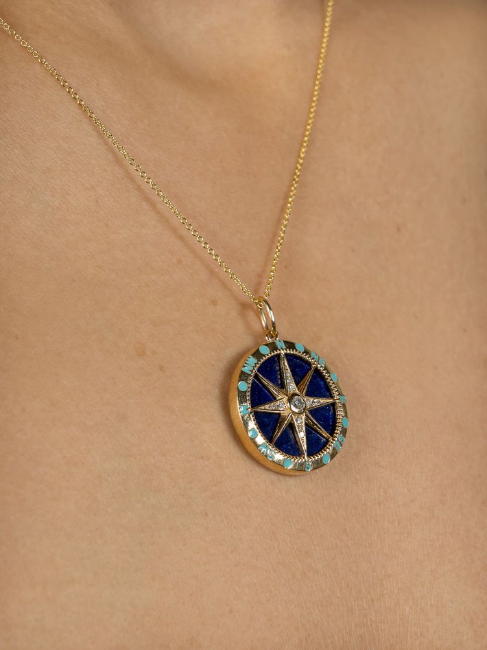 14k gold and lapis and turquoise and diamond compass pendant