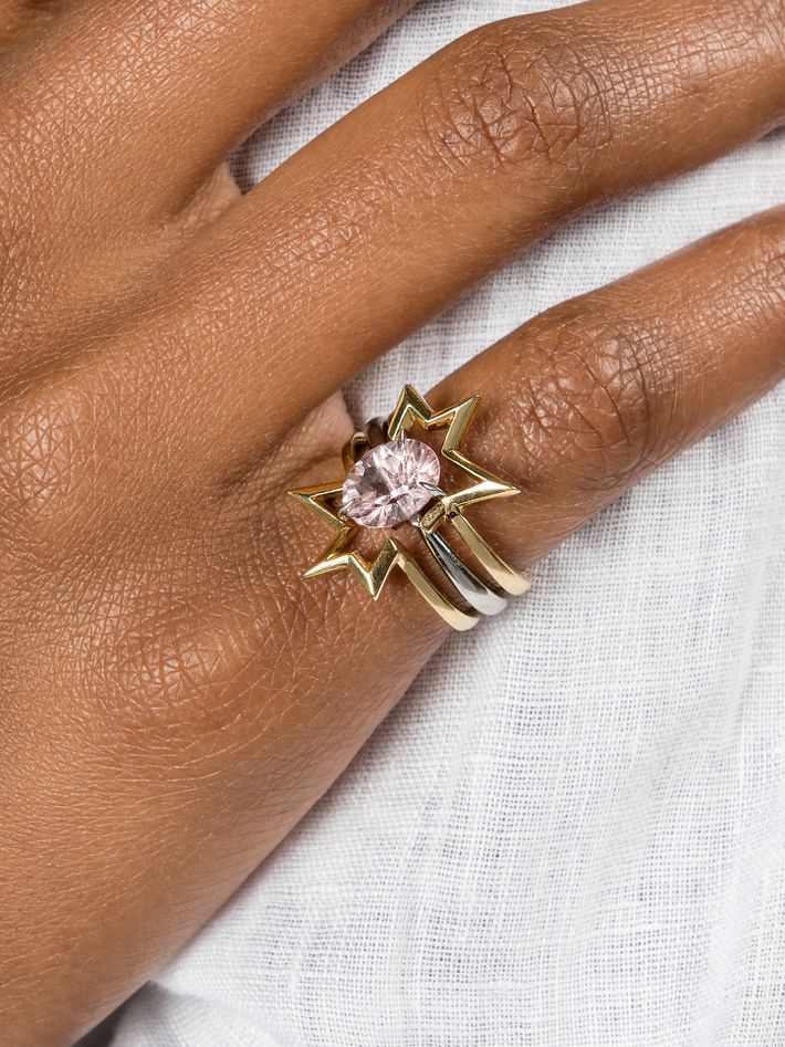 Morganite solitaire ring with double stacking ring