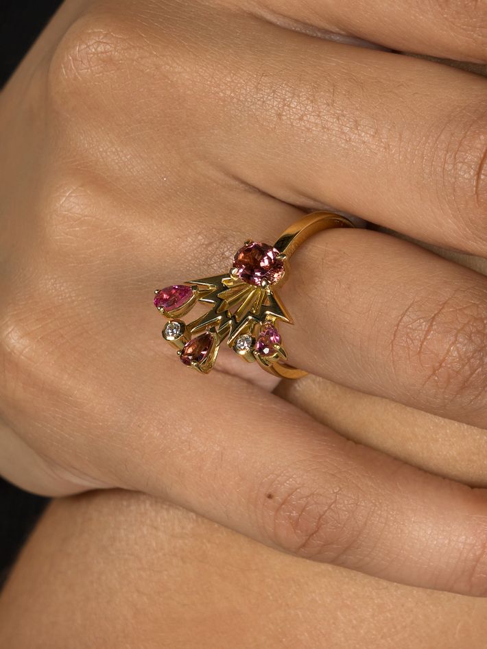 Cherry bomb ring with diamond and tourmalines
