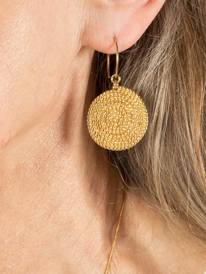 Golden granulated large spiral earrings