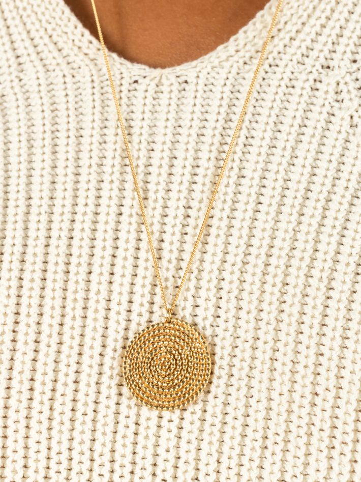 Golden granulated large spiral pendant necklace