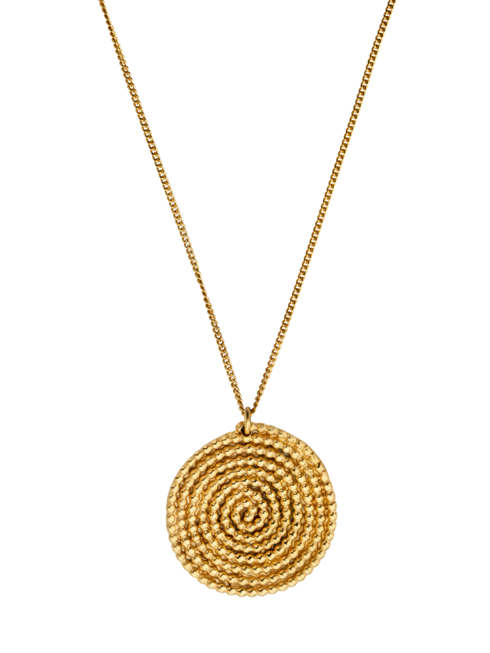 Golden granulated large spiral pendant necklace