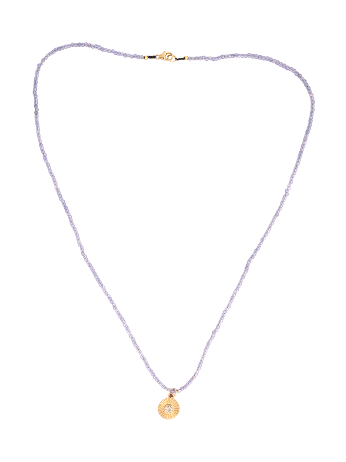 Beaded tanzanite necklace 14kt diamond pave pendant