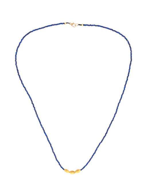 Beaded lapis necklace with 3 pod shaped 18kt beads photo