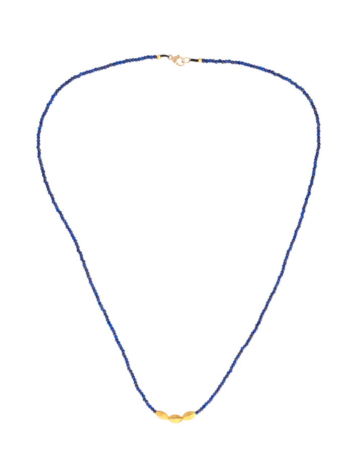 Beaded lapis necklace with 3 pod shaped 18kt beads